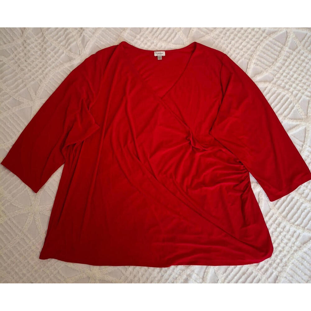 Avenue Womens 26/28 Faux Wrap Top Red Ruched Side V-Neck 3/4 Sleeve Stretch